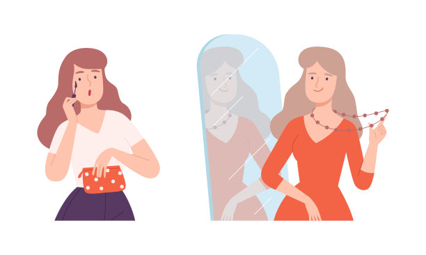 美丽的女人看着镜子。开朗积极的女孩正在化妆，并把珠宝卡通矢量插图图片下载