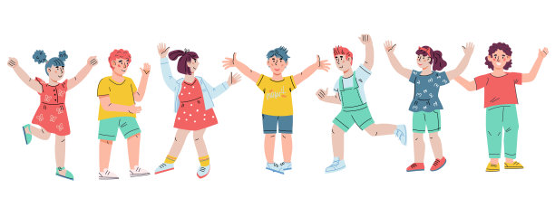 快乐童男童女组，平面卡通矢量插图孤立。图片下载