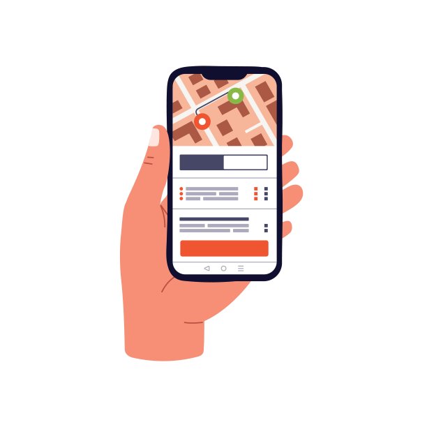 手持手机，带有GPS导航地图应用程序。使用智能手机屏幕和应用程序跟踪位置，搜索路线。平面矢量插图孤立在白色背景上图片下载