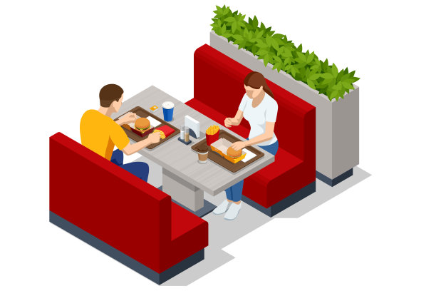 等距快餐广场汉堡，餐厅内部，餐饮，购物中心。夫妻俩吃着大汉堡，芝士汉堡和可乐图片下载