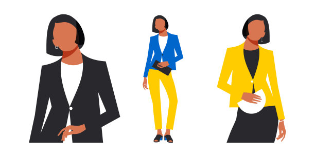 现代年轻女性穿着商务套装，手里拿着一个小包，背景是白色的。时尚的商业女性与黑色波波头。向量。图片下载