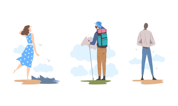 人们享受着美丽的自然风光。男人和女人远足的自然和走在海滩卡通矢量插图图片下载