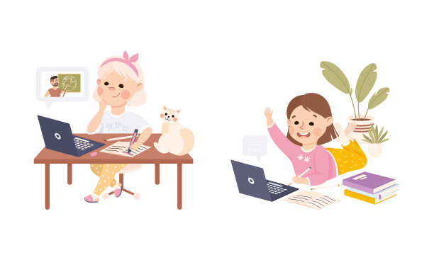女生使用笔记本电脑上网学习。学校的孩子在远程学习，在家学校卡通矢量插图图片下载