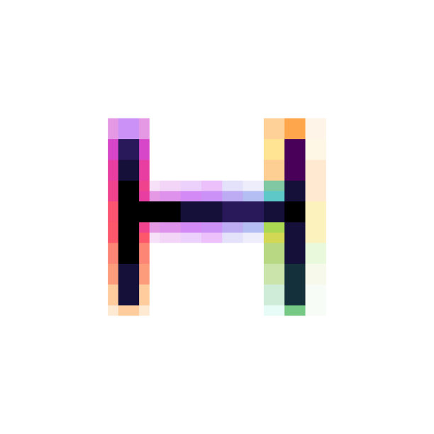全息图字母H标志与glitch畸变像素效果。色彩设计的转变。图片下载