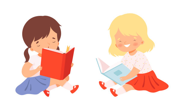 两个可爱的小女孩阅读卡通矢量插画故事书图片下载