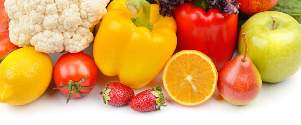 谨慎的蔬菜和水果隔离在白色。宽的照片。图片下载