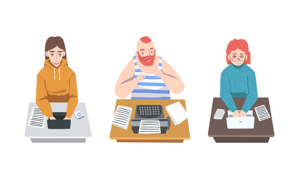 作者写文章集。自由作家打字的打字机和笔记本电脑卡通矢量插图图片下载