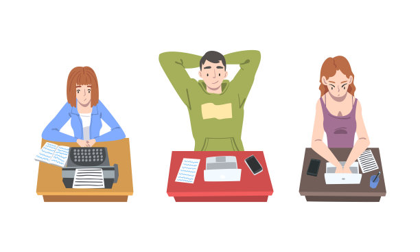 作者写文章打字打字机和笔记本电脑设定卡通矢量插图图片下载