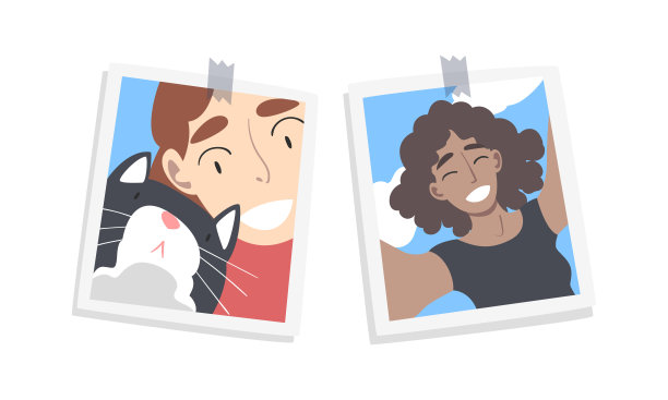 年轻人的照片别在墙上。自拍肖像的快乐女孩摆出蓝天卡通矢量插图图片下载