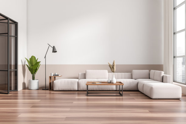 现代休闲室内沙发，全景窗和模型图片下载