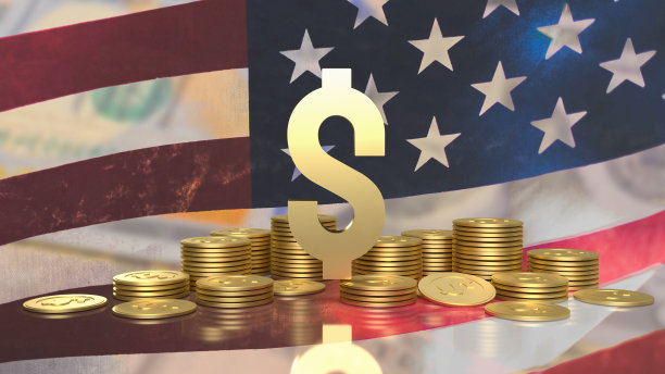黄金美元和金币美国国旗背景为商业概念3d渲染图片下载