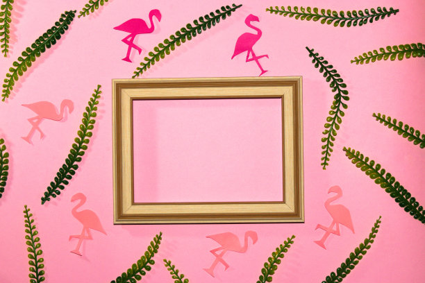 粉色背景以木框架为复制空间，框架周围是火烈鸟纸和丛林树叶，创意夏日设计图片下载
