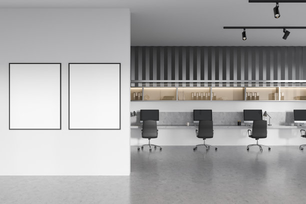 办公室内部有一排排的扶手椅和电脑。模型框架图片下载