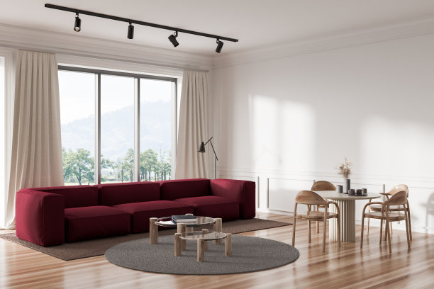 用沙发和桌子，窗户和模型照亮客厅内部图片下载