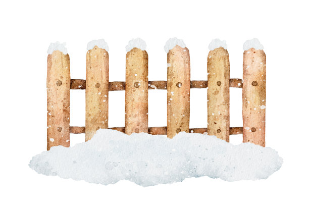 水彩冬季积雪木栅栏孤立在白色背景。图片下载