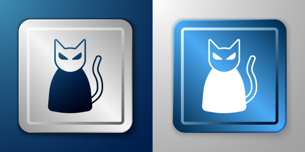 白色的黑猫图标孤立在蓝色和灰色图片下载