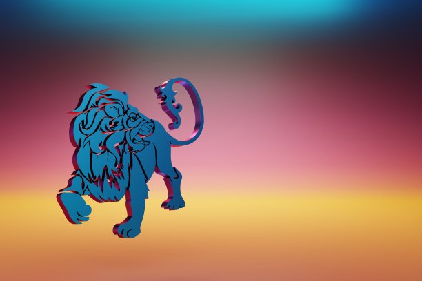 蓝色生肖狮子座在多色明亮的背景上的符号图标。3 d渲染插图。用于设计的背景图案。图片下载