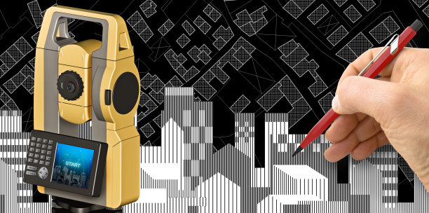 规划一个新的城市概念图像，一个假想的城市景观和一个测量设备的三维渲染，称为全站仪，用于测量和绘制地形图图片下载