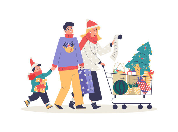 圣诞节购物与家人购买礼物flat图片下载
