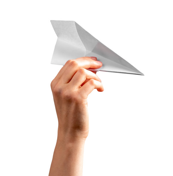 女人手拿折纸平面孤立在白色背景。折纸艺术。体系结构模型。图片下载