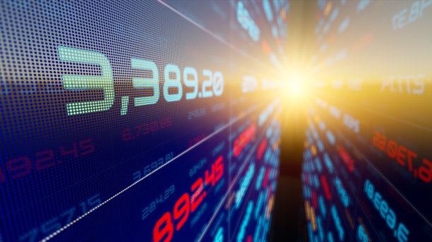 股市数据用LED显示。科技商业金融和投资概念，基金股票市场和数字资产。企业财务背景。3 d渲染。图片下载