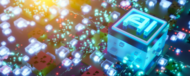 摘要计算机数字芯片处理器和AI符号。电路板上的电子元件。人工智能，技术背景，机器学习，微处理器，CPU。3 d演示。图片下载