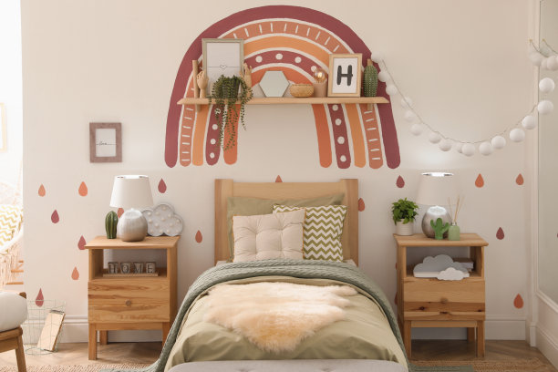 现代女孩的卧室内部与时尚的家具。概念设计图片下载