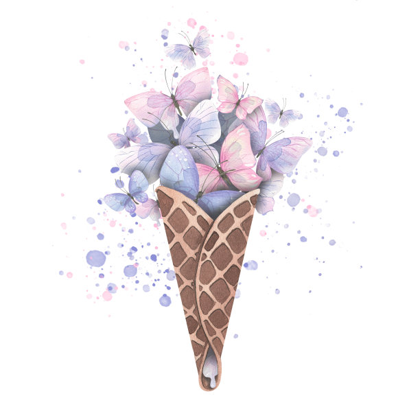 精致的蝴蝶在华夫饼筒里是粉色、淡紫色、蓝色的，还有颜料的飞溅。水彩插图。用于明信片、海报、印刷品、纪念品、作文的设计和装饰。图片下载
