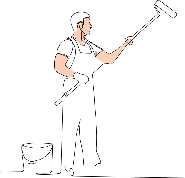 油漆工戴着手套用滚筒刷墙图片下载