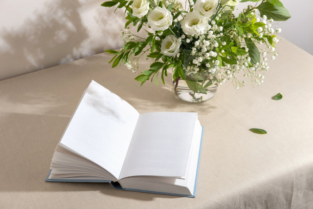 桌子上打开的一本空白的书。为模型打开的空白书的俯视图图片下载