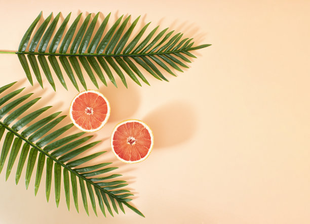 创意夏日水果派对理念:棕榈树下清新的葡萄柚。淡粉色的背景。图片下载