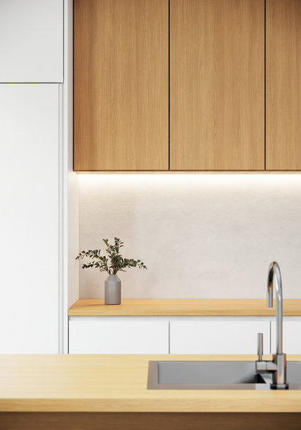 厨房台面背景上的木制桌面，现代日式公寓，3D渲染图片下载