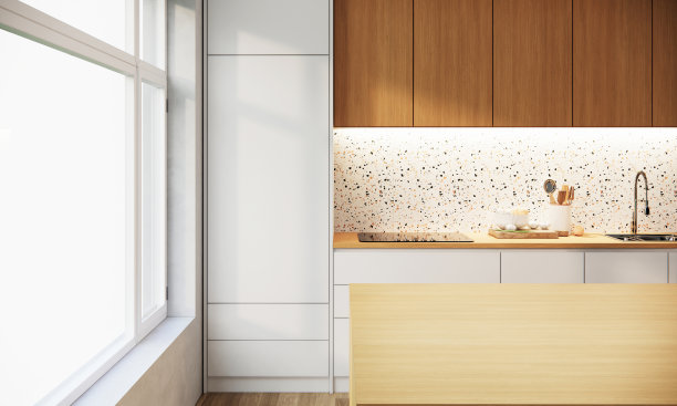 现代Japandi风格公寓室内厨房家具模型，3D渲染图片下载