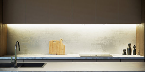 现代阁楼厨房内饰与餐桌的影棚模型，Japandi风格公寓创意，3D渲染图片下载