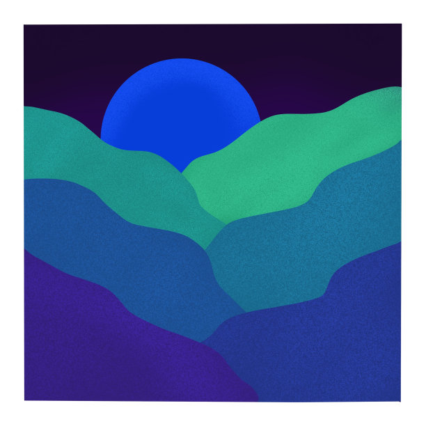 深蓝色的天空中，一轮蓝月亮从层层叠叠的蓝紫色山脉中探出图片下载