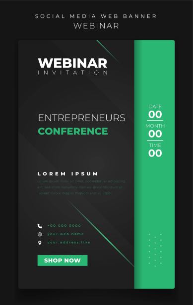 纵向横幅在黑色和绿色背景设计的网络研讨会或在线广告设计图片下载