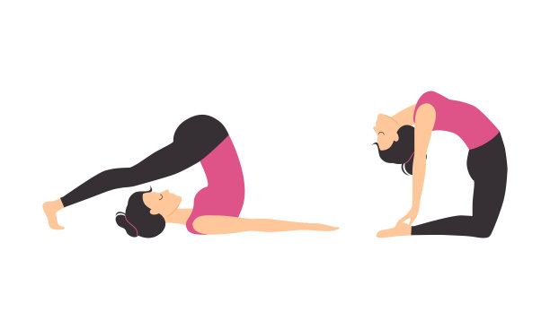 做瑜伽的女孩。运动的年轻女子练习瑜伽姿势卡通矢量插图图片下载