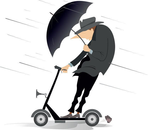 带伞的坏天气预报员骑滑板车图片下载