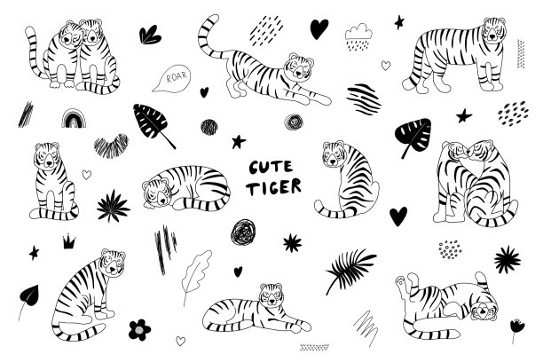 可爱的老虎涂鸦设置黑白图片下载