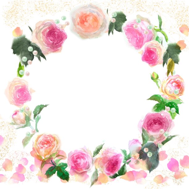 花圈水彩手绘插图皮埃尔德朗萨德花圈与跳舞的玫瑰花瓣和粉红色的玫瑰图片下载