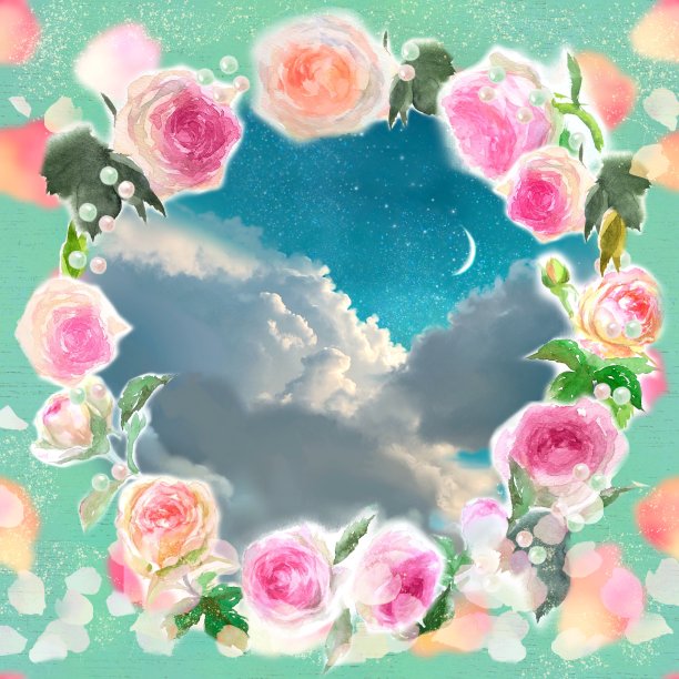 玫瑰花圈插画手绘水彩贺卡和美丽的蓝色云海和月牙的背景画图片下载