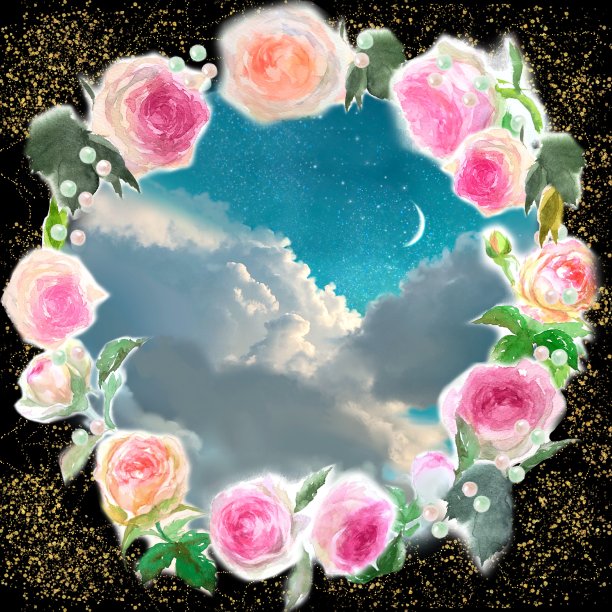 玫瑰花圈插画手绘水彩贺卡和美丽的蓝色云海和月牙的背景画图片下载