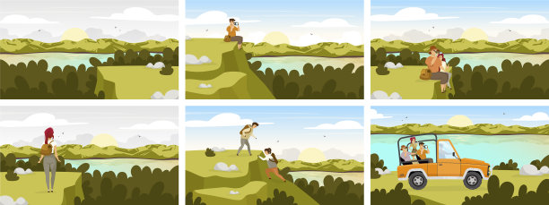 森林探险扁平化旅游团乘车上路图片下载