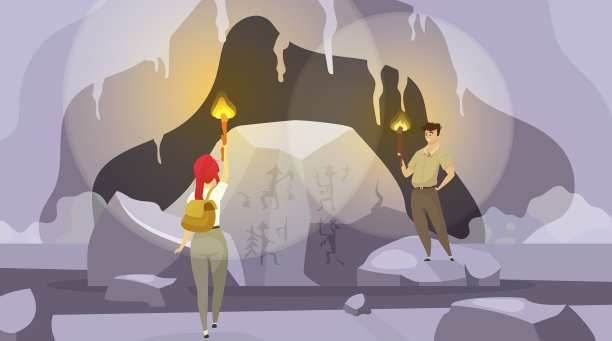 探险洞穴扁平的男人和女人图片下载