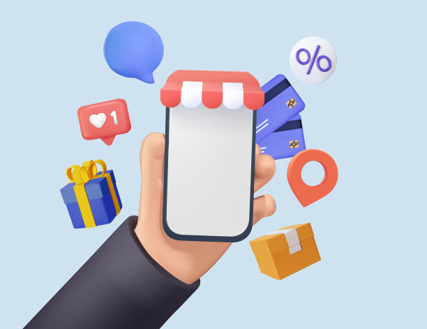 购物应用程序模型。网站模型与商店3D图标present，购买，信用卡，pin。数字营销。图片下载