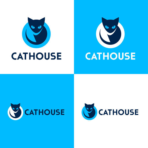 猫屋会徽。猫俱乐部图标。蓝色眼睛圆的剪影猫。宠物餐和玩具网店。图片下载