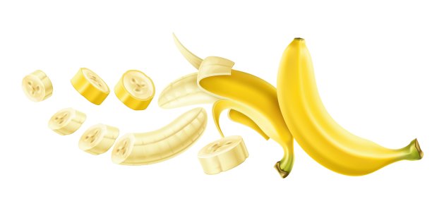 飞行香蕉组成。现实的热带甜水果孤立在白色背景。清洗、切片工艺、落片和整体，3d自然健康食品，矢量概念图片下载