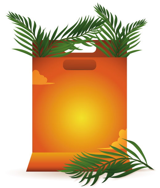 购物袋与橙色的夏季设计和棕榈叶图片下载