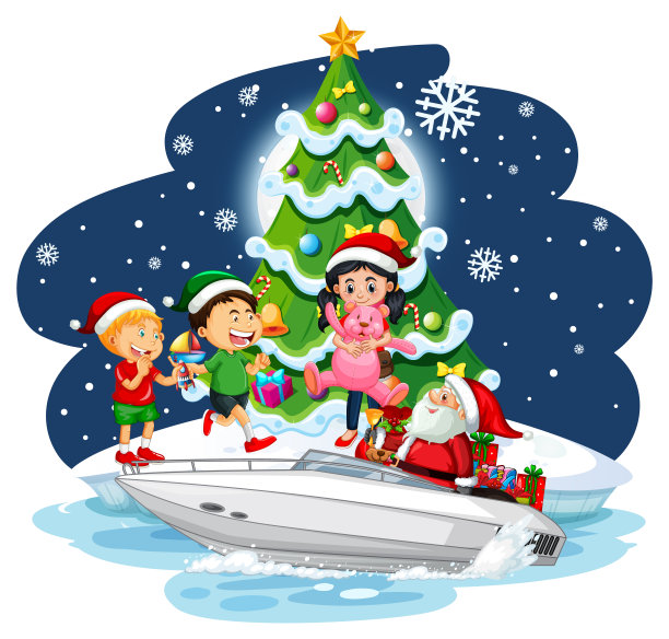 圣诞老人和小朋友在雪夜的圣诞主题图片下载