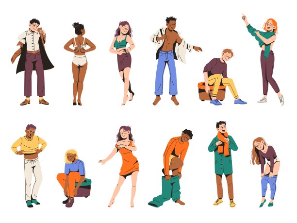 人们把衣服。有趣的男性和女性角色在家里或试衣间，女人和男人穿衣，更换鞋子，内衣，裤子和衬衫。现代西装整洁矢量卡通套装图片下载
